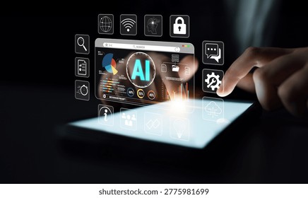 Modern Technology Interface with User Interacting with Touchscreen Device Featuring AI Icons and Data Visualizations in Dark Environment Quark.
