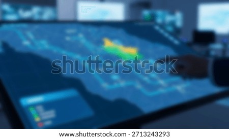 Modern Technology Man using touchscreen map display in a command center.