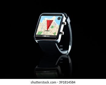 Modern Technology, Object, Application And Navigation Concept - Close Up Of Black Smart Watch With Gps And Road Map On Screen Over Black Background