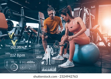 Modern technology performance in sport science concept. muscle strength training people in sport club overlay data chart body analysis diagram interface - Powered by Shutterstock