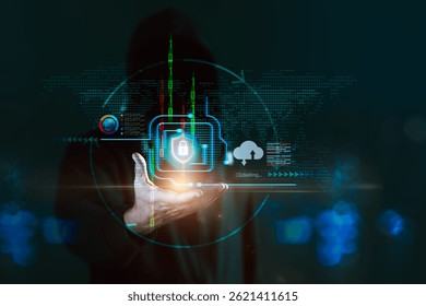 Modern technology and secure data processing in the cloud. Man in a hoodie holds a digital display featuring a security shield with a padlock, a cloud symbol, and a loading indicator - Powered by Shutterstock - Get 15% off with code: PIKWIZARD15