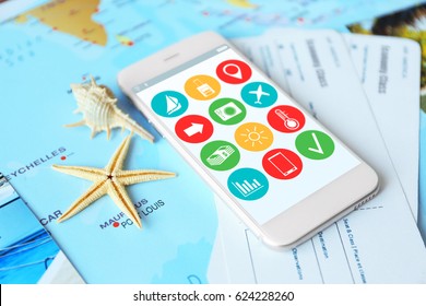 Modern Technology And Tourism Concept. Travel Apps For Smartphone