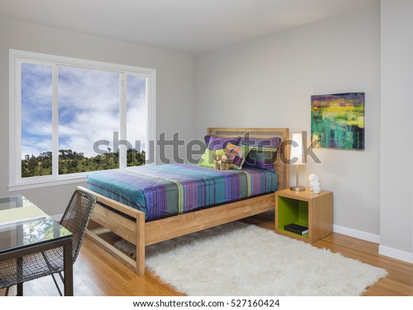 Modern Teenager Kids Bedroom Rug Working Stock Photo Edit