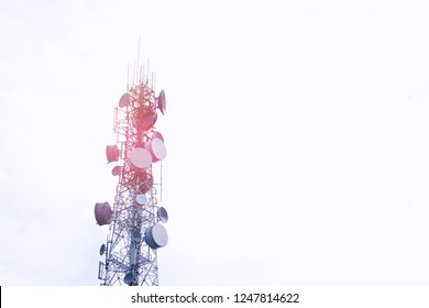 Modern Telecommunication (5G,4G) Post With Copy Space On White Background.Digital Wireless Connection System.Cellular Telephone Network.Development Of Communication  .Antenna