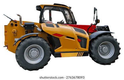A modern telescopic handler is shown from the side. It features large tires and a detailed chassis. The handler is on a white background with no other items nearby.