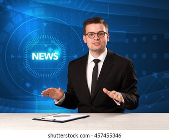 Modern Televison Presenter Telling The News With Tehnology Background Concept