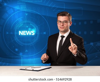 Modern Televison Presenter Telling The News With Tehnology Background Concept