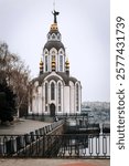 A modern temple built in the 21st century in honor of the Cathedral of St. John the Baptist on the embankment of the city of Dnieper River in Ukraine.