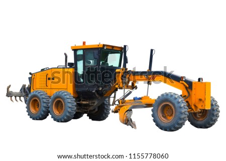 Modern three-axle road grader isolated on a white background.