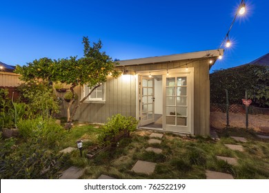 Modern Tiny Home Guest House at twilight. 
