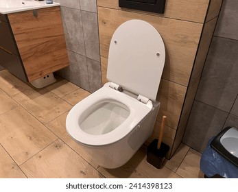 Modern toilet in the bathroom. The bathroom overlooks the closed toilet. New ceramic white toilet bowl in a modern bathroom. Comfy and stylish lavatory in the apartment.