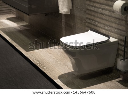 Modern toilet – closet in clean grey design. Detail of modern bathroom in minimalist style. Clean bathroom and perfectly cleaned toilet bowl.