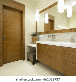 Modern toilet interior with wooden door and furniture