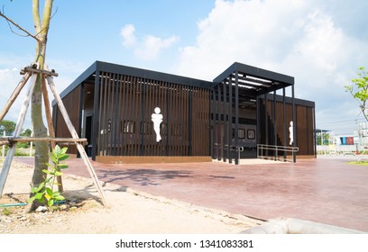 Modern Toilet metal building and blue sky background . - Powered by Shutterstock