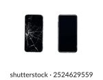 Modern touch screen smartphone with broken screen and new phone, top view. Isolated PNG image