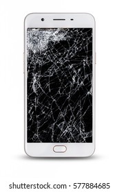 modern touch screen smartphone with broken screen isolated on white background.