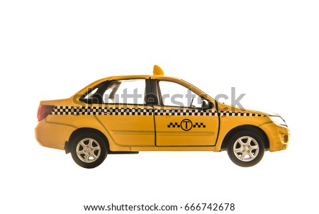 modern toy - yellow taxi car model. isolated on white background. yellow taxy car. idea, symbol, concept of urban service. taxi, cab, taxicab, hack, hackney carriage, cabriolet. side view. no driver