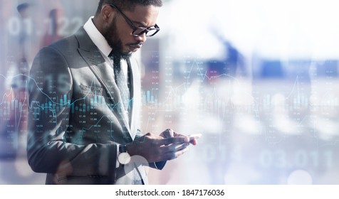 Modern Trader. Collage Of Forex Trading Graph Chart Layered Over Black Businessman Using Smartphone Outdoors, Creative Financial Background With Stock Market Data, Panorama With Copy Space