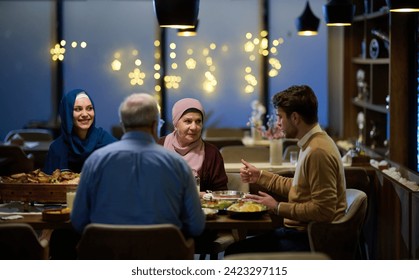 A modern and traditional European Islamic family comes together for iftar in a contemporary restaurant during the Ramadan fasting period, embodying cultural harmony and familial unity amidst a - Powered by Shutterstock