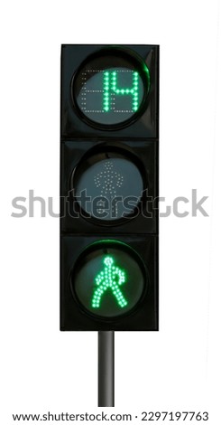Modern traffic light with timer and pedestrian signals isolated on white