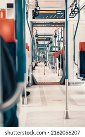 Modern Train Interior. Perspective Of Empty Passenger Train Car. Rows Of Unoccupied Seats