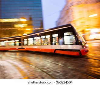 Modern tram in motion blur, Prague city, Europe