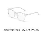 Modern transparent spectacles with round frames for vision correction. Minimalist eyewear accessory with clear plastic finish, isolated on white background. Elegant glasses for style and reading.