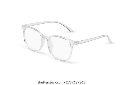 Modern transparent spectacles with round frames for vision correction. Minimalist eyewear accessory with clear plastic finish, isolated on white background. Elegant glasses for style and reading.