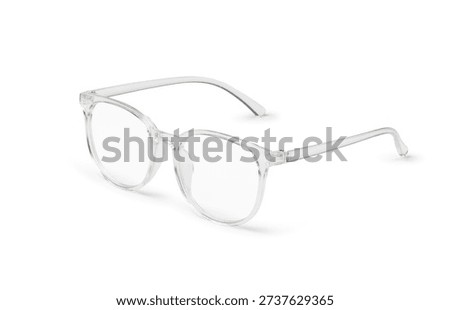 Modern transparent spectacles with round frames for vision correction. Minimalist eyewear accessory with clear plastic finish, isolated on white background. Elegant glasses for style and reading.