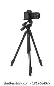 Modern Tripod With Camera Isolated On White