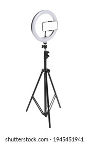 Modern Tripod With Ring Light And Smartphone Isolated On White