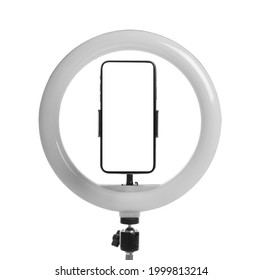 Modern Tripod With Ring Light And Smartphone Isolated On White