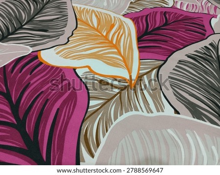 Modern tropical leaf pattern vector background. Seamless abstract botanical design with magenta, mustard yellow, and beige feathers or leaves texture for textile, wallpaper, and luxury fashion print
