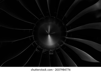 Modern turbofan engine. close up of turbojet of aircraft on black background. blades of the turbofan engine of the aircraft