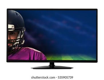 Modern TV Display On White Background. Watching American Football Game On Television. Leisure And Entertainment Concept.