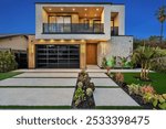 Modern two-story house with a landscaped front yard, featuring large windows and contemporary architectural design, at dusk.