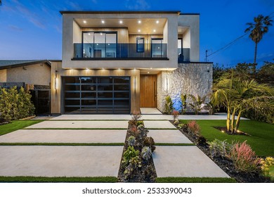 Modern two-story house with a well-lit exterior and landscaped front yard featuring palm trees and succulents. - Powered by Shutterstock