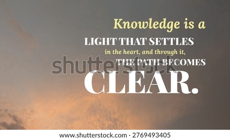 Modern typography layout featuring the quote Knowledge is a light that settles in the heart, through it, the path becomes clear. Horizontal poster uses bold white sans serif text alongside an elegant script font. The background displays a minimalist blue sky with soft clouds, creating a peaceful professional atmosphere.