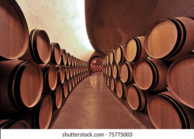 Modern Underground Wine Cellar With Wooden Casks Aging