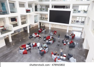 Modern university lobby atrium and glass fronted study rooms