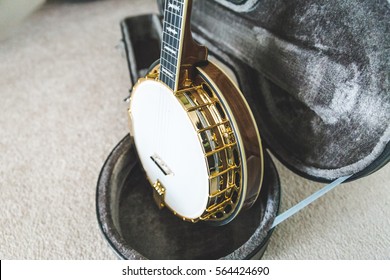 Modern upscale banjo in custom hardshell case.