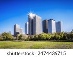 Modern Urban Skyline with Green Park on Sunny Day