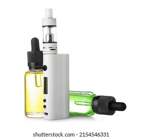 Modern Vape Mod And Oils On White Background