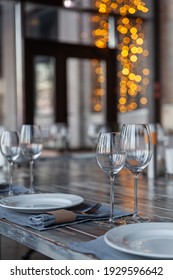 Modern Veranda Restaurant Interior, Banquet Setting, Glasses, Plates