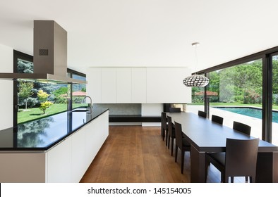 Modern Villa, Interior, Beautiful Dining Room With Kitchen Island