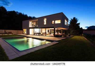 Modern Villa With Pool, Night Scene