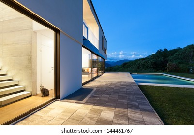 Modern Villa With Pool, Night Scene