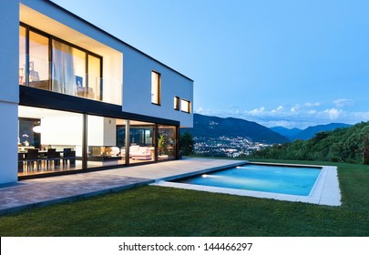 Modern Villa With Pool, Night Scene