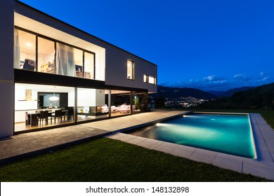 Modern Villa With Pool, Night Scene