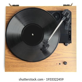 Modern Vinyl Record Player With Disc Isolated On White, Top View